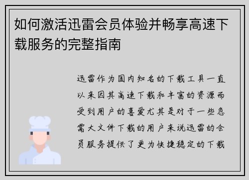 如何激活迅雷会员体验并畅享高速下载服务的完整指南