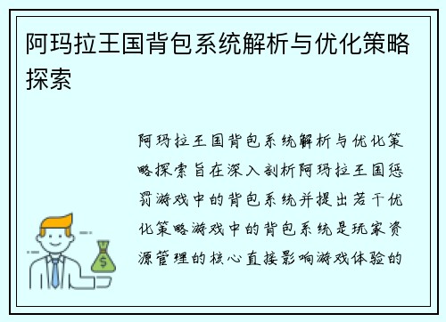 阿玛拉王国背包系统解析与优化策略探索